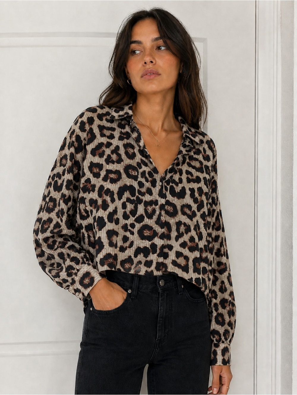 KAFFE BOXY LEOPARD BUTTON DOWN SHIRT